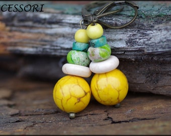 Yellow green earrings with magnesite, jasper and African turquoise bronze earrings