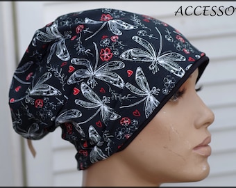Hat Beanie Double Hat Reversible Hat Black Red White Dragonflies Hearts Cotton Jersey