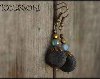 Earrings with lava beads and Czech glass beads
