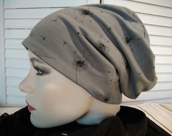 Beanie beanie double hat reversible hat khaki grey with puffflowers cotton jersey