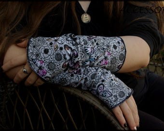 Wrist warmers, arm warmers, double-sided or with thumb hole, black/grey, butterflies, fleece hand warmers, soft, warm, cuddly