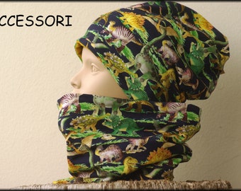 Children's Beanie Loop with Dinos Dinosauria green blue yellow cotton baby hat warm cozy fleece winter hat