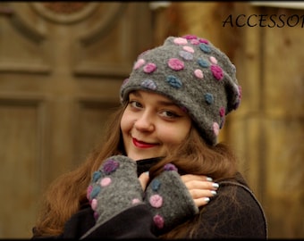 Wool hat, beanie, wool leg warmers, light grey, purple, pink, fuchsia, polka dot, warmly lined with fleece, cuddly