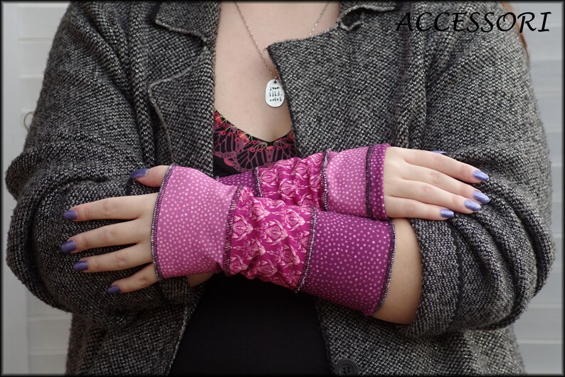 Arm warmers, hand warmers, hand warmers, wrist warmers, summer warmers, reversible warmers, pink purple dotted patchwork image 5