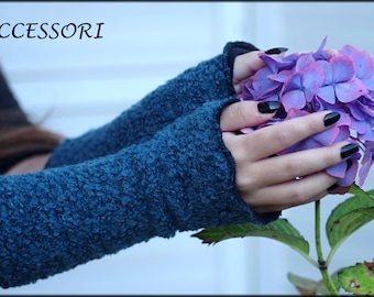 Arm warmers women's cuffs made of bouclé fabric petrol blue warm with fleece lined wrist warmers
