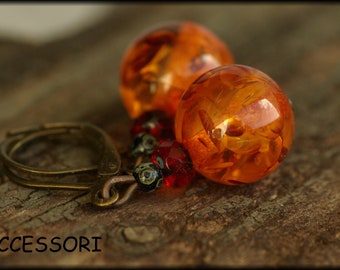 Earrings pressed amber Czech beads red Earrings