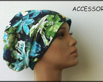 Beanie, double hat, reversible hat, green, blue, turquoise, petrol, floral, viscose jersey, cotton jersey