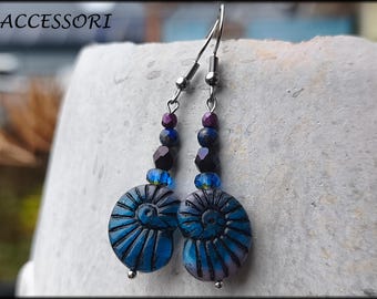 Earrings Amonite blue purple Bohemian glass beads Lapis Lazuli beads stainless steel drop earrings ear jewelry