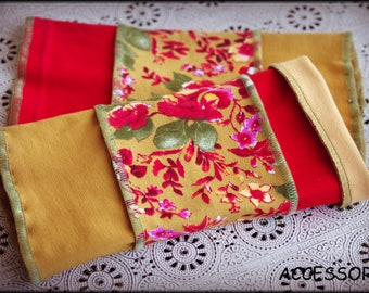 Arm warmers Cuffs Hand warmers Cotton reversible warmers mustard red flowered summer bumps Pulse warmer patchwork