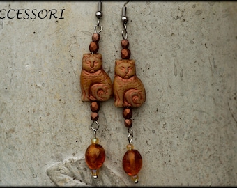 Earrings with amber and Bohemian glass beads, cat design, copper stainless steel drop earrings