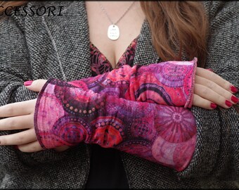 Cuffs arm warmers double-sided or with thumb hole pink fuchsia mandala alpine fleece hand warmers soft warm cuddly