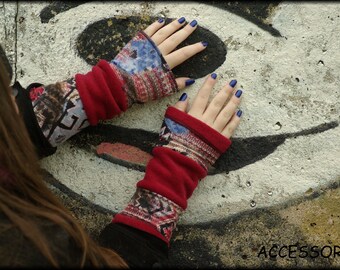 Leg warmers, arm warmers, hand warmers, reversible leg warmers, both sides red, polar fleece patchwork hand warmers, soft, warm, cuddly