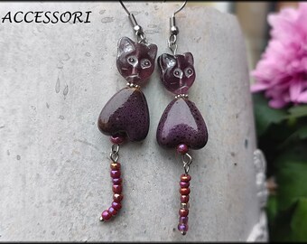 Earrings with Bohemian glass beads, cat design, purple ceramic beads, stainless steel drop earrings