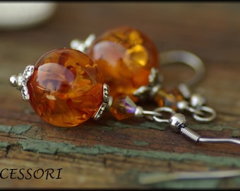 Earrings pressed amber Bohemian glass beads stainless steel earrings