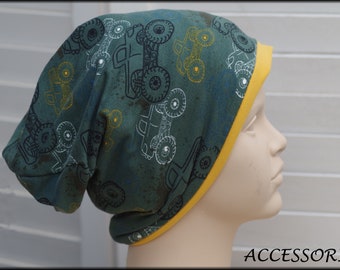 Children's hat beanie cars truck green yellow cotton baby hat warm cuddly fleece winter hat