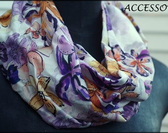 Loop scarf wrap scarf very light floral lilies white violet purple yellow viscose necklace