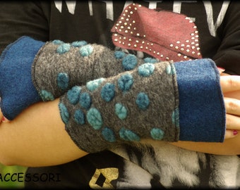 Woolen felt arm warmers, grey and blue polka dotted, warm