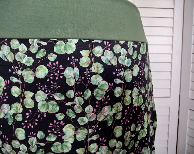 Balloon Skirt Jersey Skirt Summer Skirt Black Green Flowered with Leaves Cotton Jersey Women's Skirt