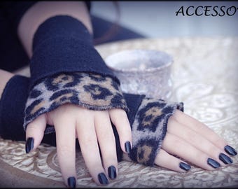 Arm warmers Jaguar black wool wrist warmers leopard print