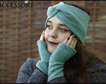 Arm warmers with thumb hole headband made of knitted fabric knot headband turban hairband soft light cuddly mint green