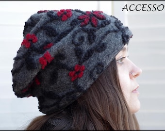 Wool hat, beanie, wool, floral with vines, dark grey, red, black, warmly lined with fleece, cuddly