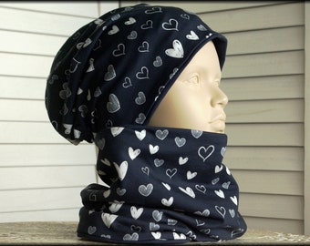 Kids hat beanie loop with hearts dark blue white cotton baby hat warm cuddly fleece winter hat