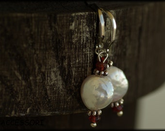 Shimmering freshwater pearl white garnet red earrings