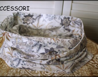 Loop scarf wrap scarf beige flowered white cotton linen look necklace