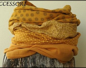 Loop scarf wrap muslin corn yellow mustard dotted cotton necklace