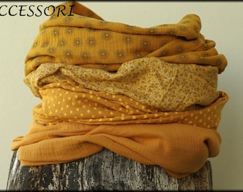 Loop scarf wrap muslin corn yellow mustard dotted cotton necklace