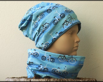 Children's Beanie Loop dark blue white bicycle striped cotton baby hat warm cozy fleece winter hat
