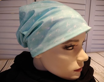 Beanie beanie double hat reversible hat white mint green birds striped cotton jersey