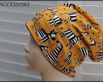 Children's hat beanie loop with zebra yellow black white striped cotton baby hat