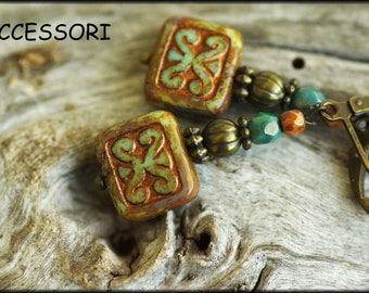 Earrings in vintage style copper mint green Bohemian glass beads ornament nickel free earrings