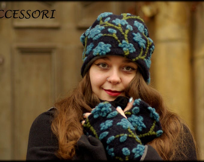 Featured listing image: Wool hand warmers, beanie, dark blue, green, turquoise, floral, warmly lined with fleece, cozy