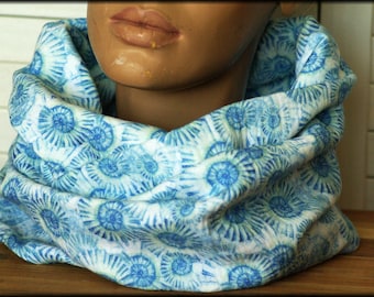 Loop scarf wrap scarf muslin white blue with ammonites very soft cuddly cotton necklace hairband