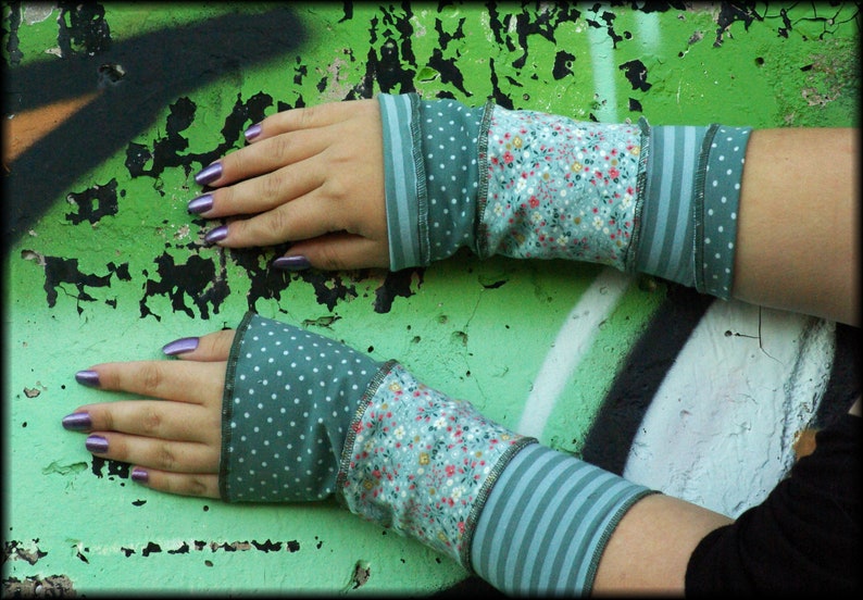 Arm cuffs Hand warmers Pulse warmer Summer cuffs Reversible cuffs mint green striped dotted flowered patchwork image 4