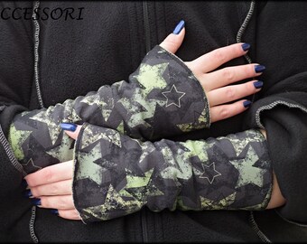 Cuffs arm warmers double-sided or with thumb hole green black with stars alpine fleece hand warmers soft warm cuddly