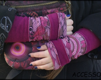 Cuffs Arm Warmers Hand cuffs Fliprs On both sides fuchsia Polar Fleece Patchwork Hand warm cuddly