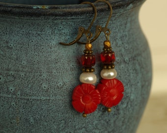 Earrings with bamboo coral, flower pearl, freshwater pearl, Czech glass beads, red, white, bronze