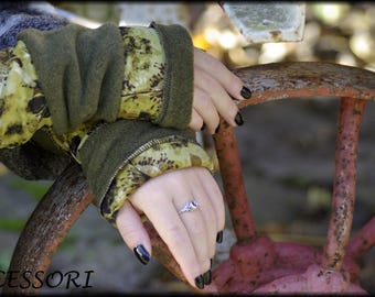 Cuffs arm warmers hand warmers reversible cuffs both sides khaki green polar fleece patchwork viscose jersey hand warmers soft warm cuddly