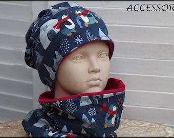 Children's hat beanie loop with pinquin dark blue red cotton baby hat warm cuddly fleece winter hat