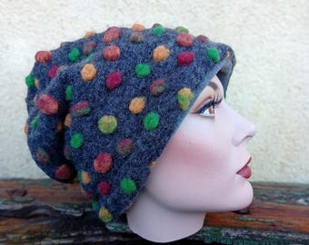 Wool hat beanie wool dotted grey autumn colours yellow green brown warm lined with fleece cuddly