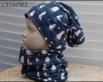 Children's hat beanie loop with seagulls dark blue white cotton baby hat warm cuddly fleece winter hat