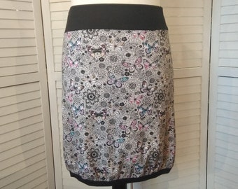 Balloon Skirt Jersey Skirt Summer Skirt Grey with Butterflies Cotton Jersey Flowered Women's Skirt