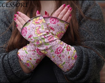 Cuffs Arm cuffs on both sides or with thumb hole pink purple gerbera floral alpine fleece hand warmers soft warm cuddly
