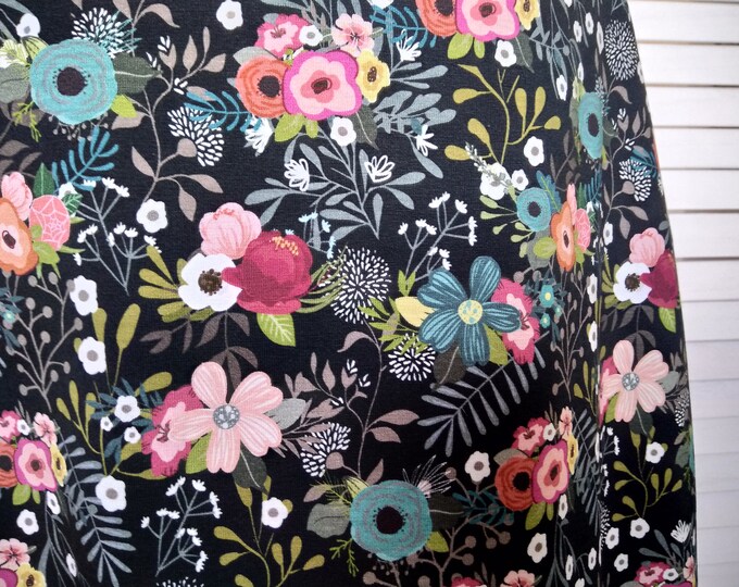 Balloon Skirt Jersey Skirt Summer Skirt Black Flowered Petrol Flowered Cotton Jersey Flowered Women's Skirt