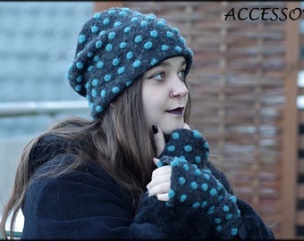 Wool hat beanie wool cuffs gray blue dots warm lined with fleece cuddly