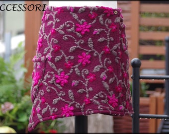 Wrap skirt wool skirt short skirt kidney warmer floral fuchsia pink mini skirt wool warm