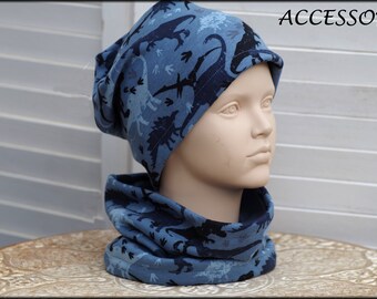 Children's hat beanie loop with dinosaurs Dinosauria blue camuflage cotton baby hat warm cuddly alpine fleece winter hat